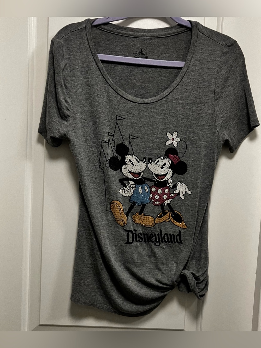 Disney Parks Disneyland Mickey & Minnie Rhinestone Shirt Gray Size S Front Knot